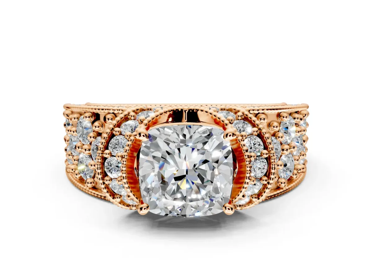 Pave Engagement Ring Setting for Cushion Cut Center with Curved Accent Rows, Openwork and Prong Head in Rose Gold