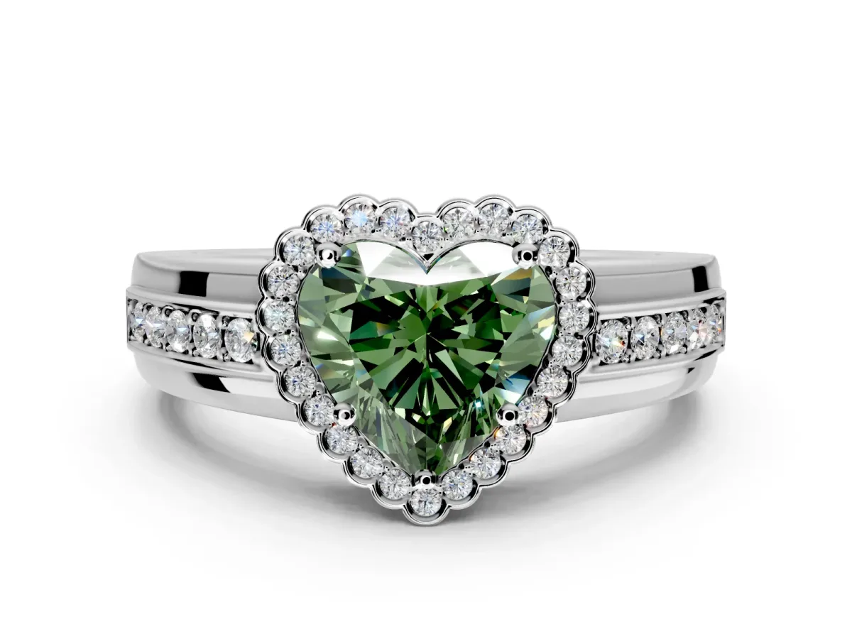 Halo Engagement Ring Setting for Fancy Green Heart-Shaped Center with Wide Band, Inlaid Accent Row and Prong Head in Platinum