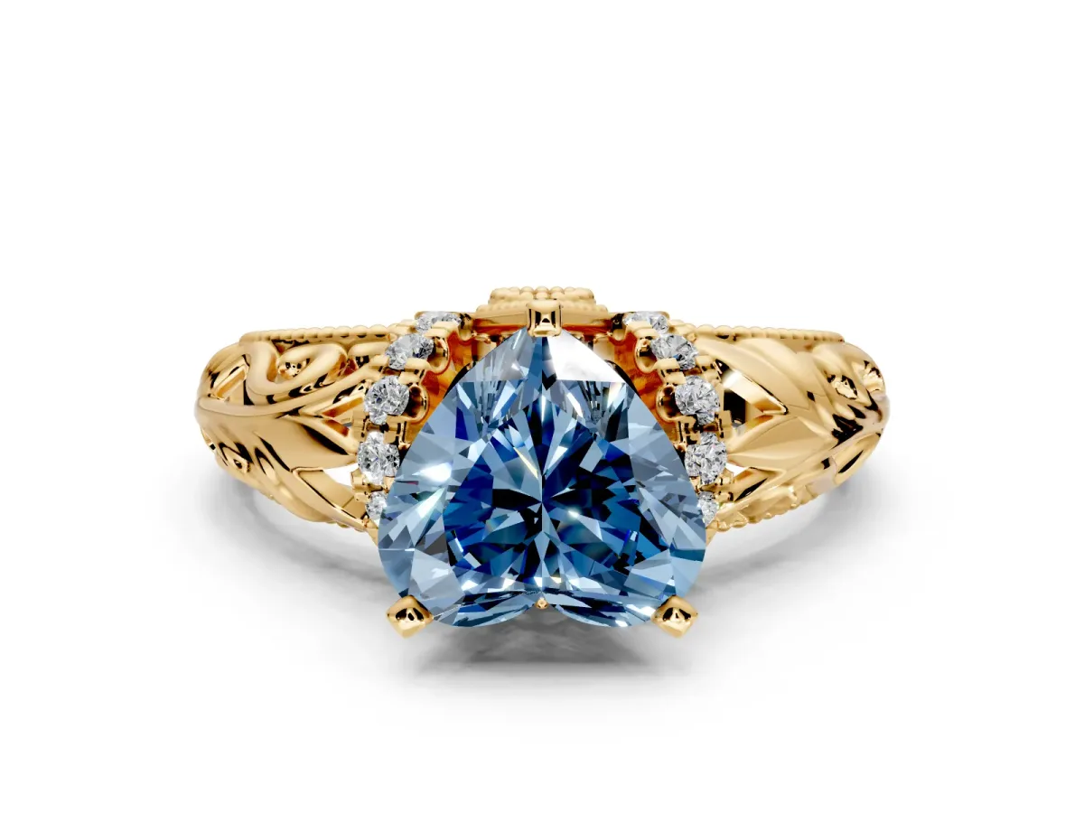 Solitaire Engagement Ring Setting for Fancy Blue Heart-Shaped Center with Filigree Accent Basket and Prong Head in Yellow Gold