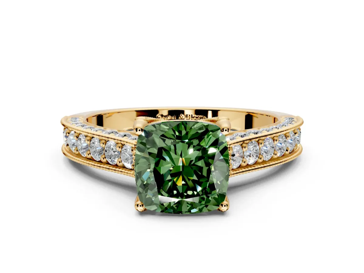 Solitaire Engagement Ring Setting for Fancy Green Cushion Cut Center with Milgrain-Framed Pave Band and Prong Head in Yellow Gold
