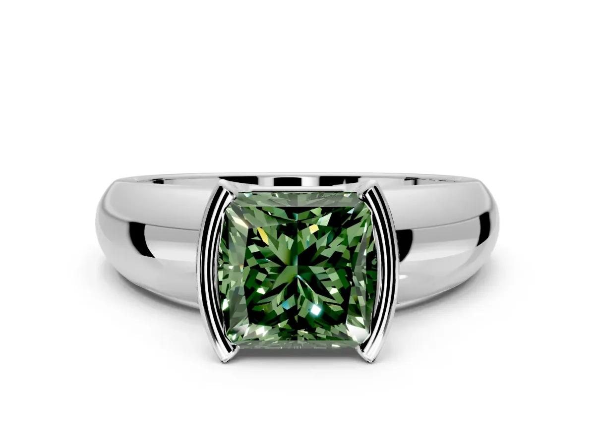 Tension Engagement Ring Setting for Fancy Green Princess Cut Center with Wide Flat Band and Tension Head in Sterling Silver