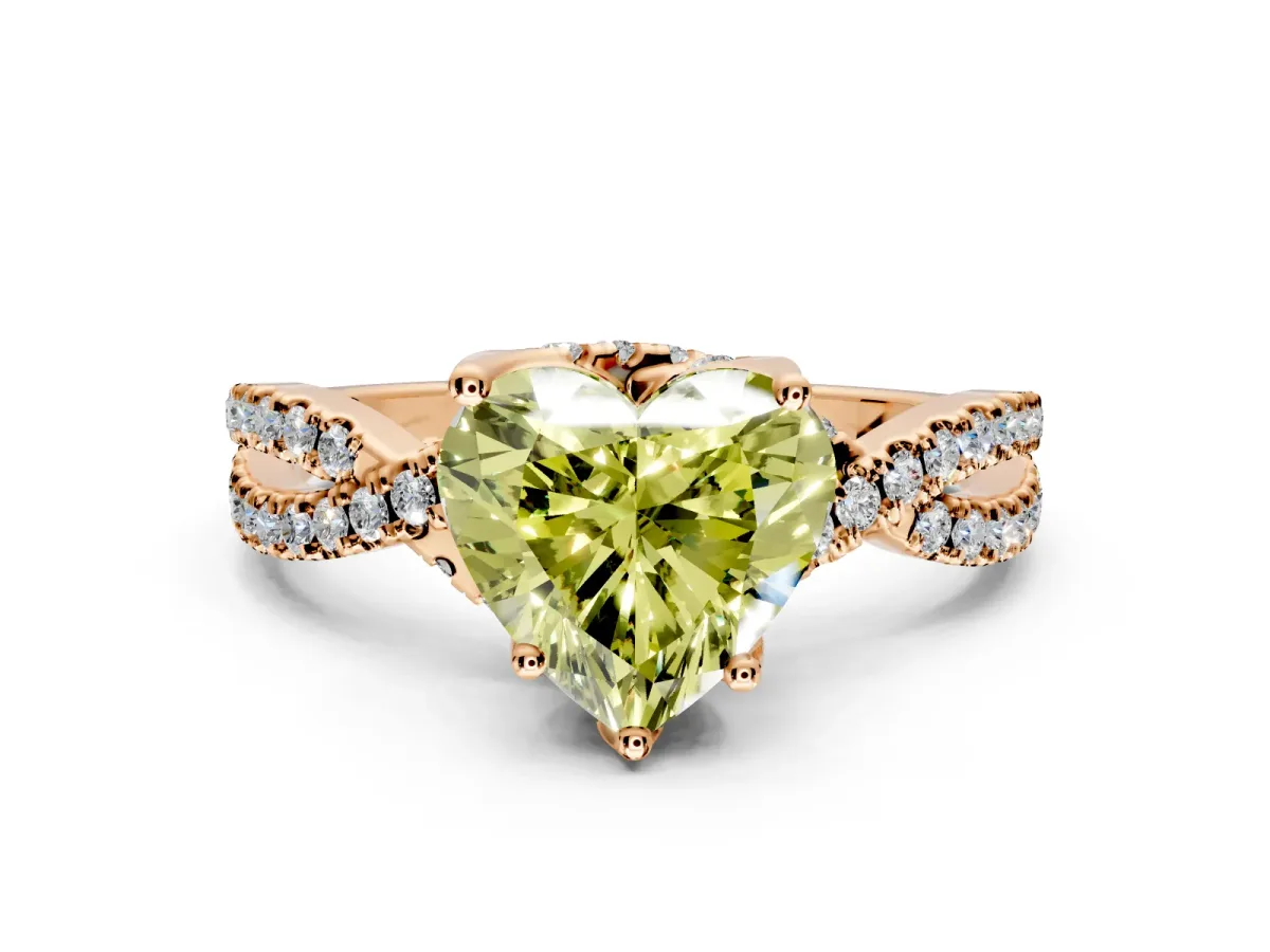 Solitaire Engagement Ring Setting for Fancy Yellow Heart-Shaped Center with Narrow Twist Pave Band and Prong Head in Rose Gold
