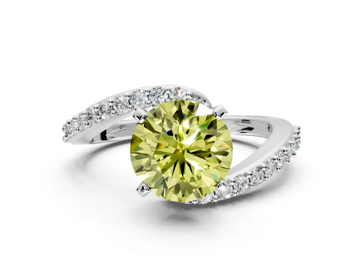 Solitaire Engagement Ring Setting for Fancy Yellow Round Cut Center with Pave Bypass Swirl Band and Prong Head in Platinum