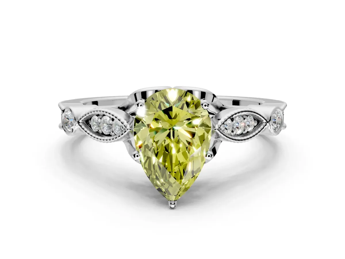 Solitaire Engagement Ring Setting for Fancy Yellow Pear-Shaped Center with Marquise and Bezel Accents and Prong Head in Sterling Silver
