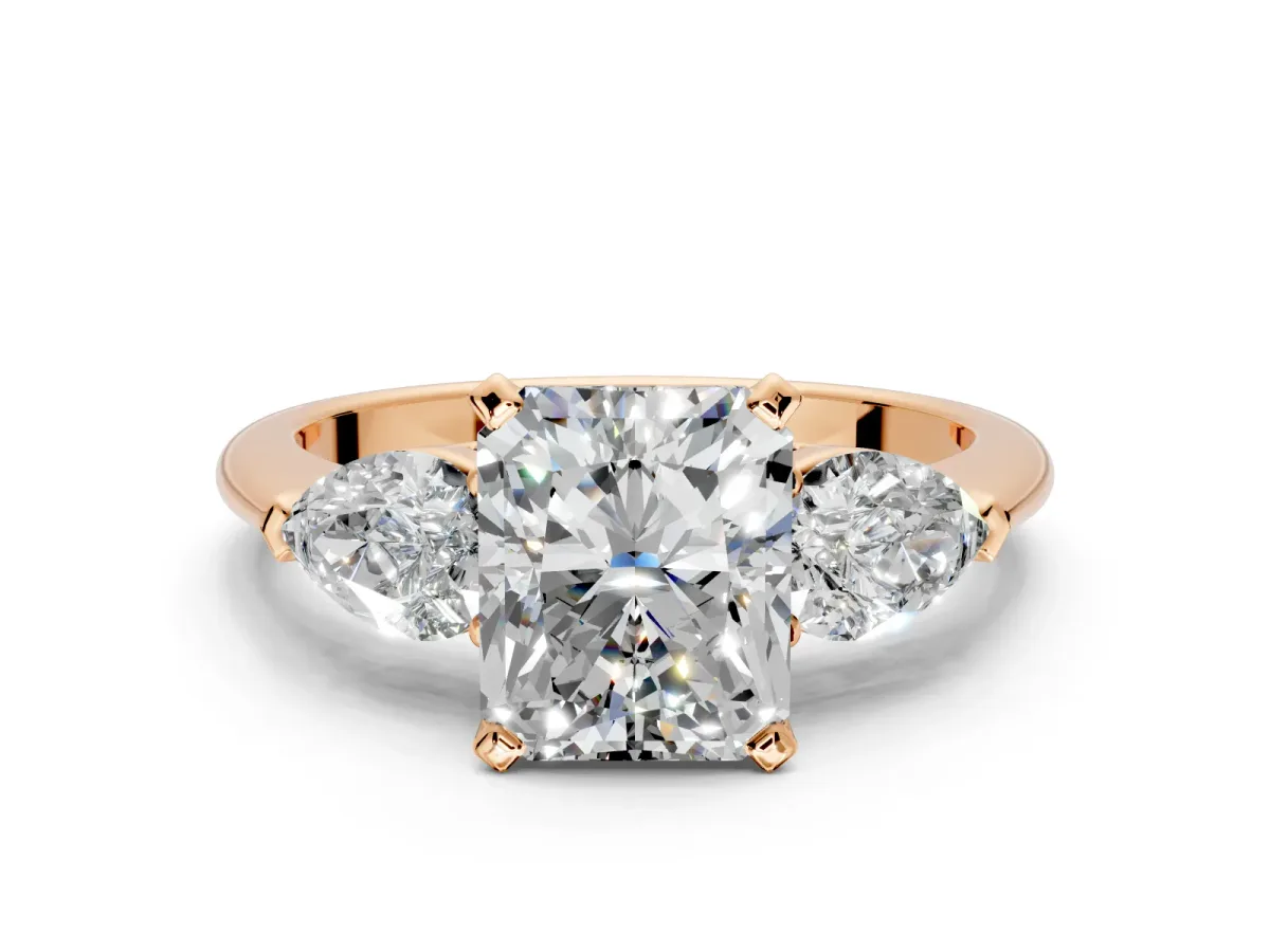 3 Stone Engagement Ring Setting for Radiant Cut Center with Large Pear-Shaped Accents and Prong Head in Rose Gold