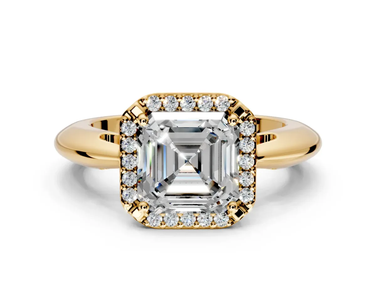 Halo Engagement Ring Setting for Asscher Cut Center with Tapered Plain Band and Prong Head in Yellow Gold