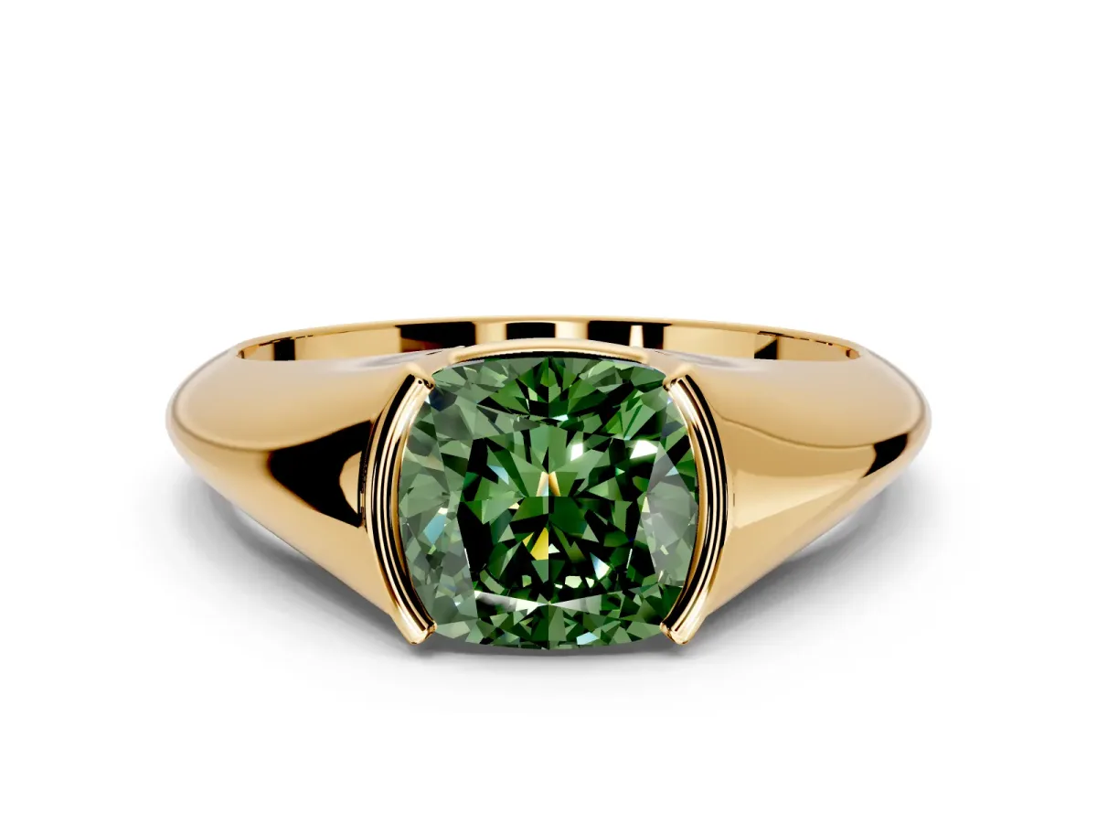 Tension Engagement Ring Setting for Fancy Green Cushion Cut Center with Wide Tapered Band and Tension Head in Yellow Gold