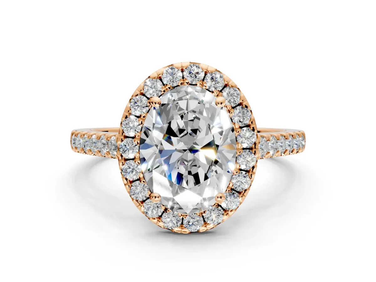 Halo Engagement Ring Setting for Oval Center with Narrowing Pave Band and Prong Head in Rose Gold