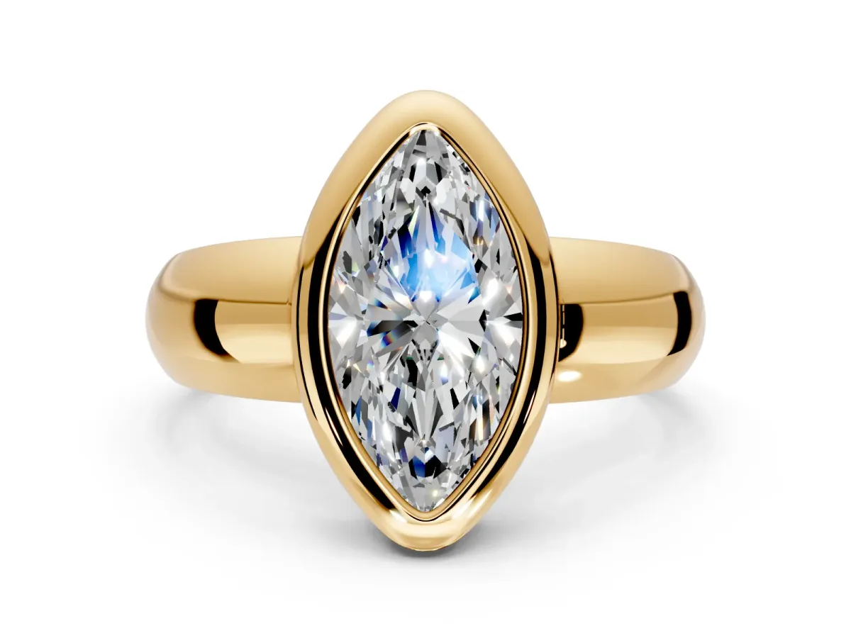 Solitaire Engagement Ring Setting for Marquise Center with Wide Band and Bezel Head in Yellow Gold
