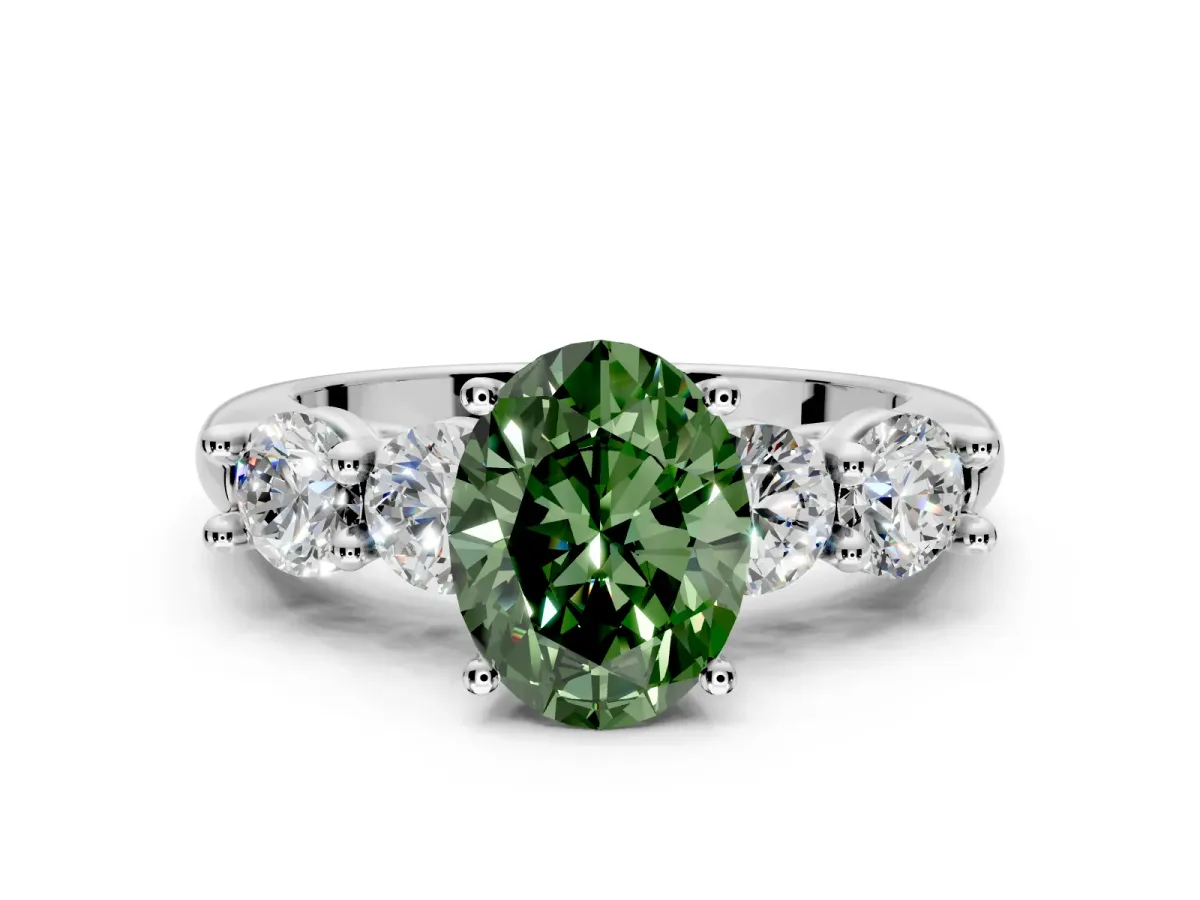 5 Stone Engagement Ring Setting for Fancy Green Oval Center with Graduated Accents and Prong Head in Sterling Silver