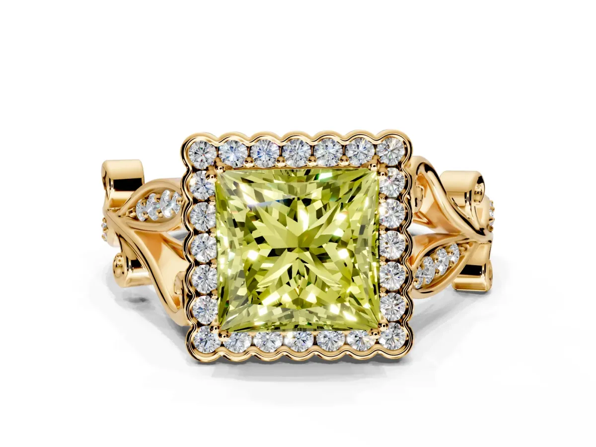 Halo Engagement Ring Setting for Fancy Yellow Princess Cut Center with Leaf Motif Split Shank and Prong Head in Yellow Gold