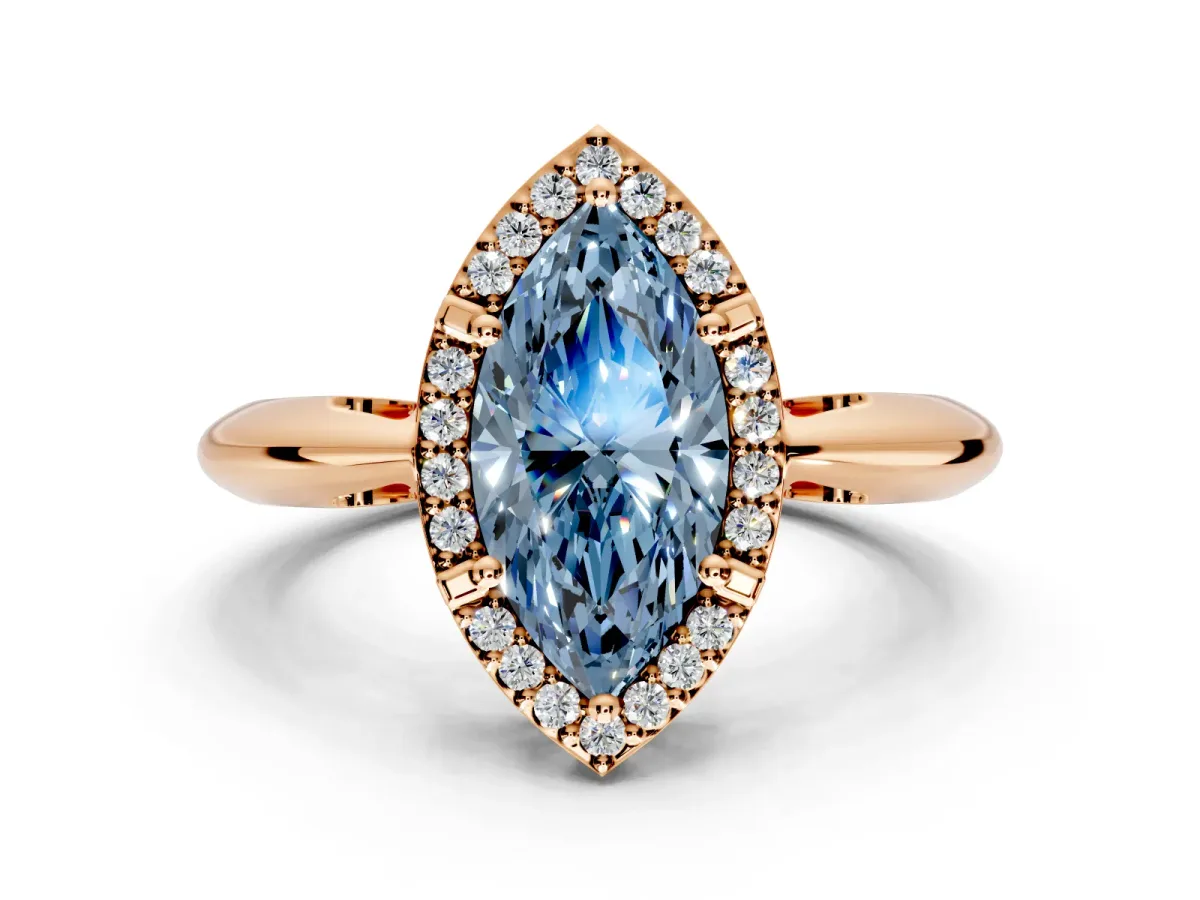 Halo Engagement Ring Setting for Fancy Blue Marquise Center with Tapered Plain Band and Prong Head in Rose Gold