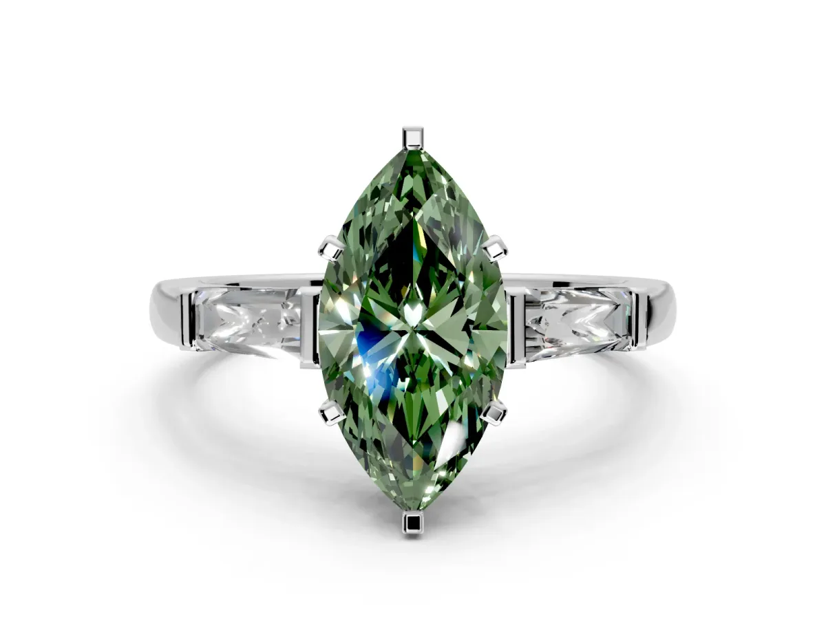 3 Stone Engagement Ring Setting for Fancy Green Marquise Center with Tapered Baguettes, Plain Band and Prong Head in Platinum