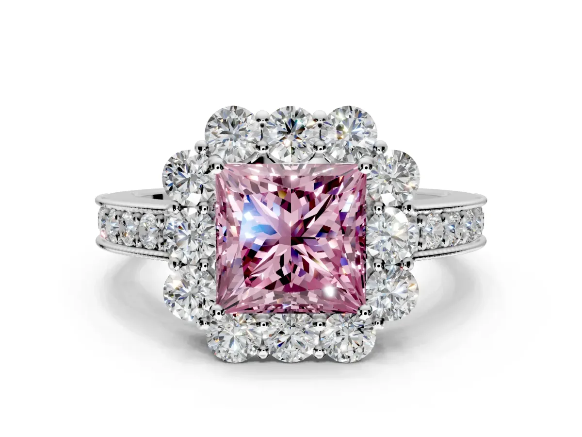 Halo Engagement Ring Setting for Fancy Pink Princess Cut Center with Milgrain Channel Band and Prong Head in Platinum