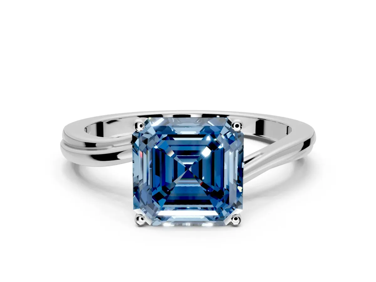 Solitaire Engagement Ring Setting for Fancy Blue Asscher Cut Center with Plain Bypass Twist Band and Prong Head in Platinum