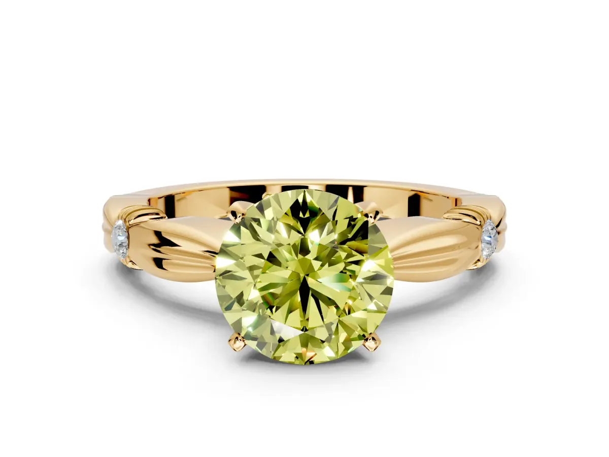 Solitaire Engagement Ring Setting for Fancy Yellow Round Cut Center with Carved Leaf Shoulders and Prong Head in Yellow Gold