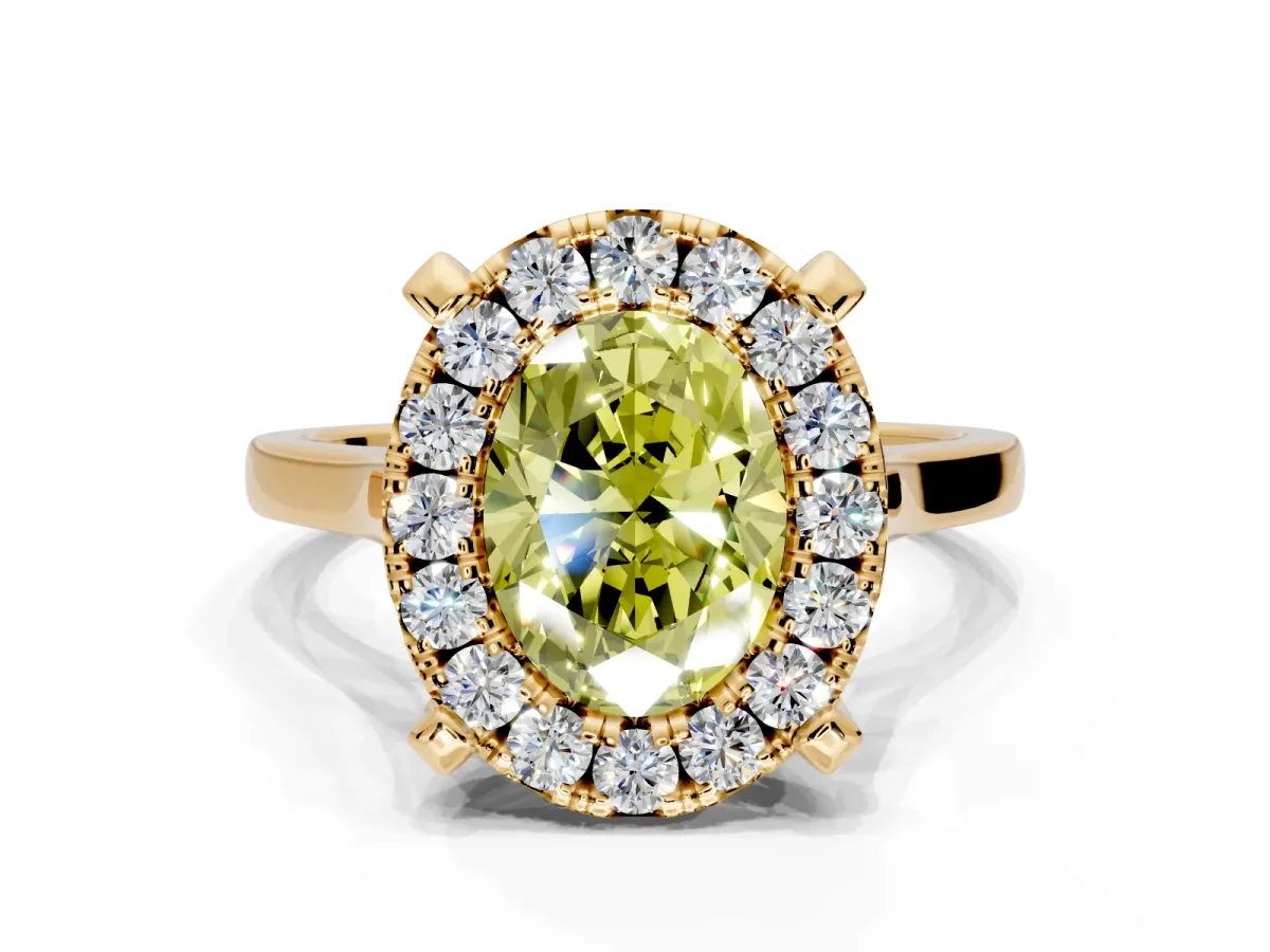 Single Halo Engagement Ring Setting for Fancy Yellow Oval Center with Corner Claws, Plain Band and Prong Head in Yellow Gold