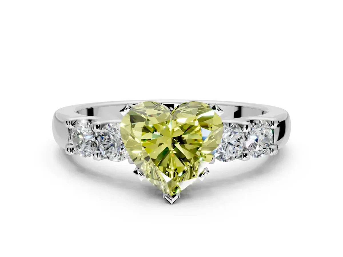 5 Stone Engagement Ring Setting for Fancy Yellow Heart-Shaped Center with Plain Band and Prong Head in Sterling Silver