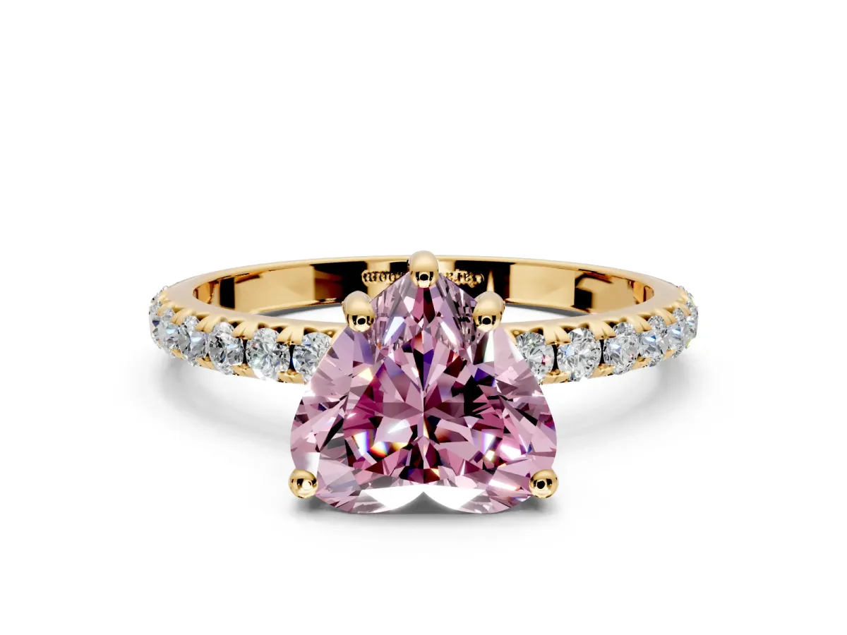 Solitaire Engagement Ring Setting for Fancy Pink Heart-Shaped Center with Micro Pave Band and Prong Head in Yellow Gold