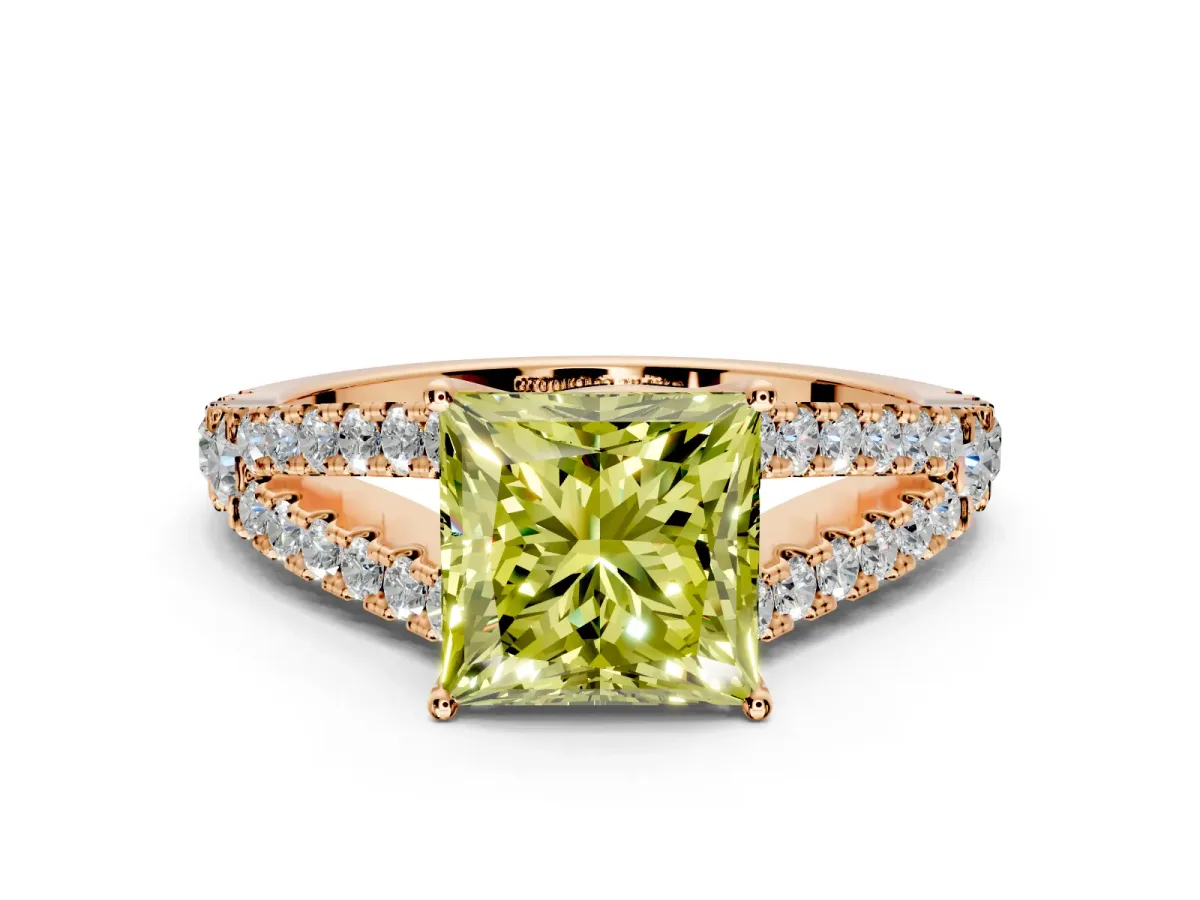 Solitaire Engagement Ring Setting for Fancy Yellow Princess Cut Center with Pave Split Shank and Prong Head in Rose Gold