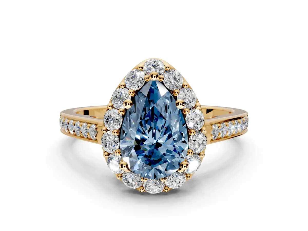 Floral Halo Engagement Ring Setting for Fancy Blue Pear-Shaped Center with Large Halo Accents and Prong Head in Yellow Gold