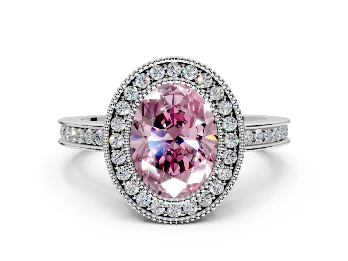 Halo Engagement Ring Setting for Fancy Pink Oval Center with Milgrain Halo, Pave Band and Prong Head in White Gold