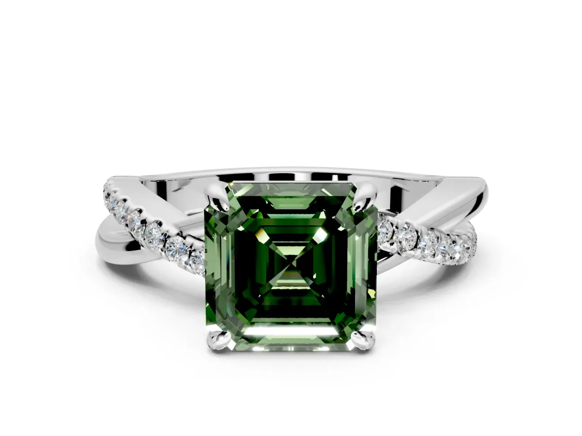 Solitaire Engagement Ring Setting for Fancy Green Asscher Cut Center with Half-Pave Crossover Band and Prong Head in Sterling Silver