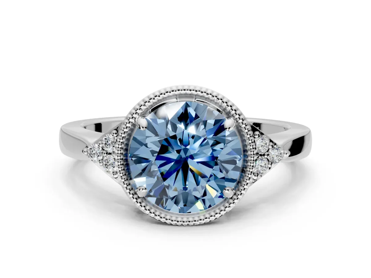 Cluster Engagement Ring Setting for Fancy Blue Round Cut Center with Milgrain Shoulder Clusters and Prong Head in Platinum