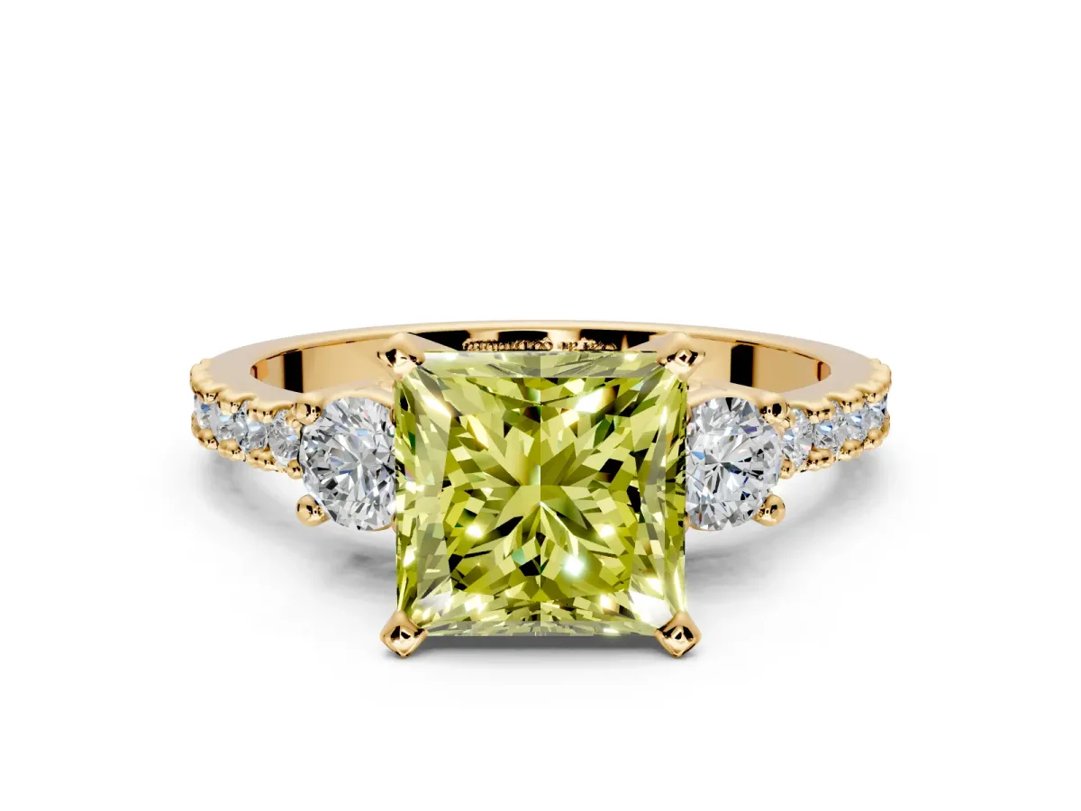 3 Stone Engagement Ring Setting for Fancy Yellow Princess Cut Center with Round Cut Side Accents and Prong Head in Yellow Gold