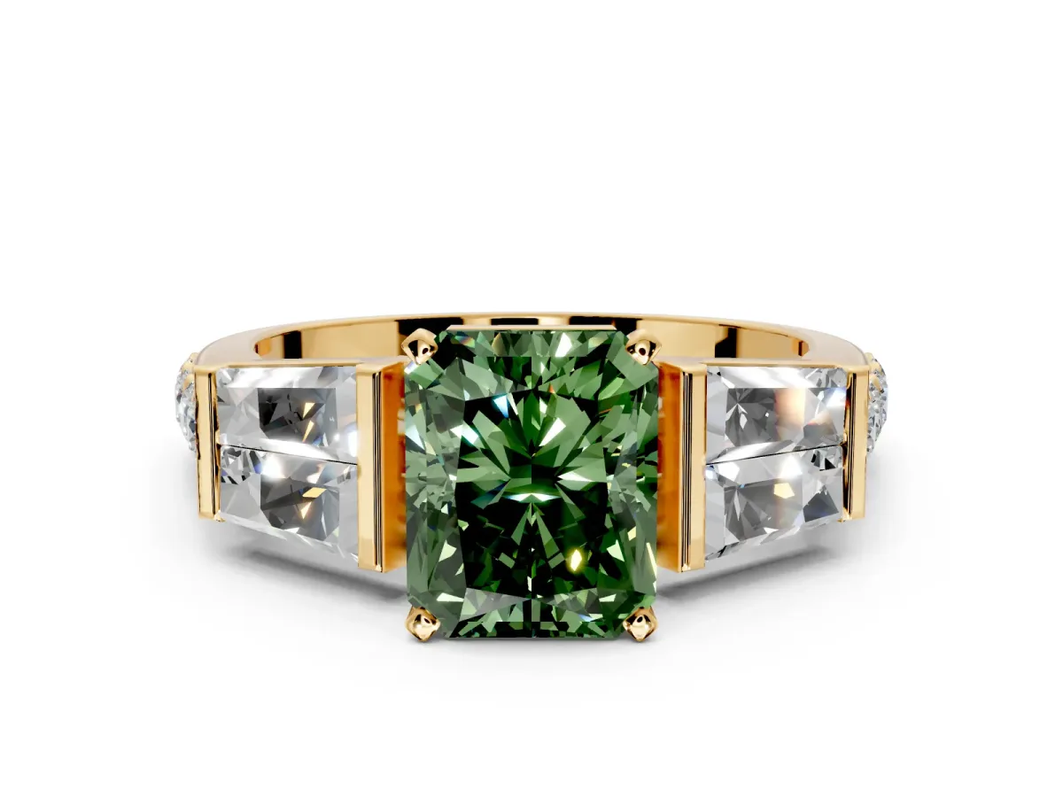 Channel-Set Engagement Ring Setting for Fancy Green Radiant Cut Center with Baguette Band and Prong Head in Yellow Gold