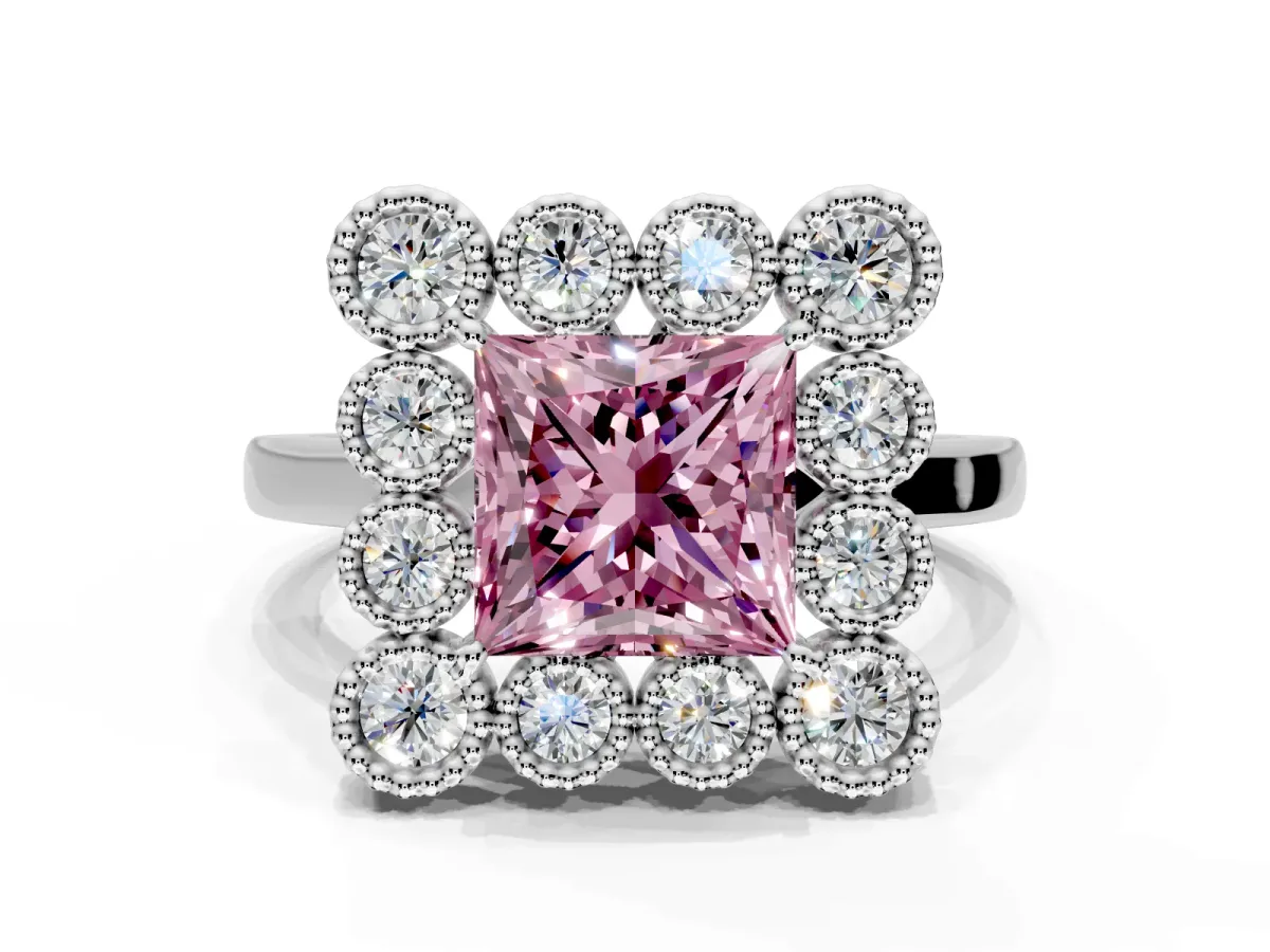 Cluster Halo Engagement Ring Setting for Fancy Pink Princess Cut Center with Milgrain Bezel Accents and Prong Head in White Gold