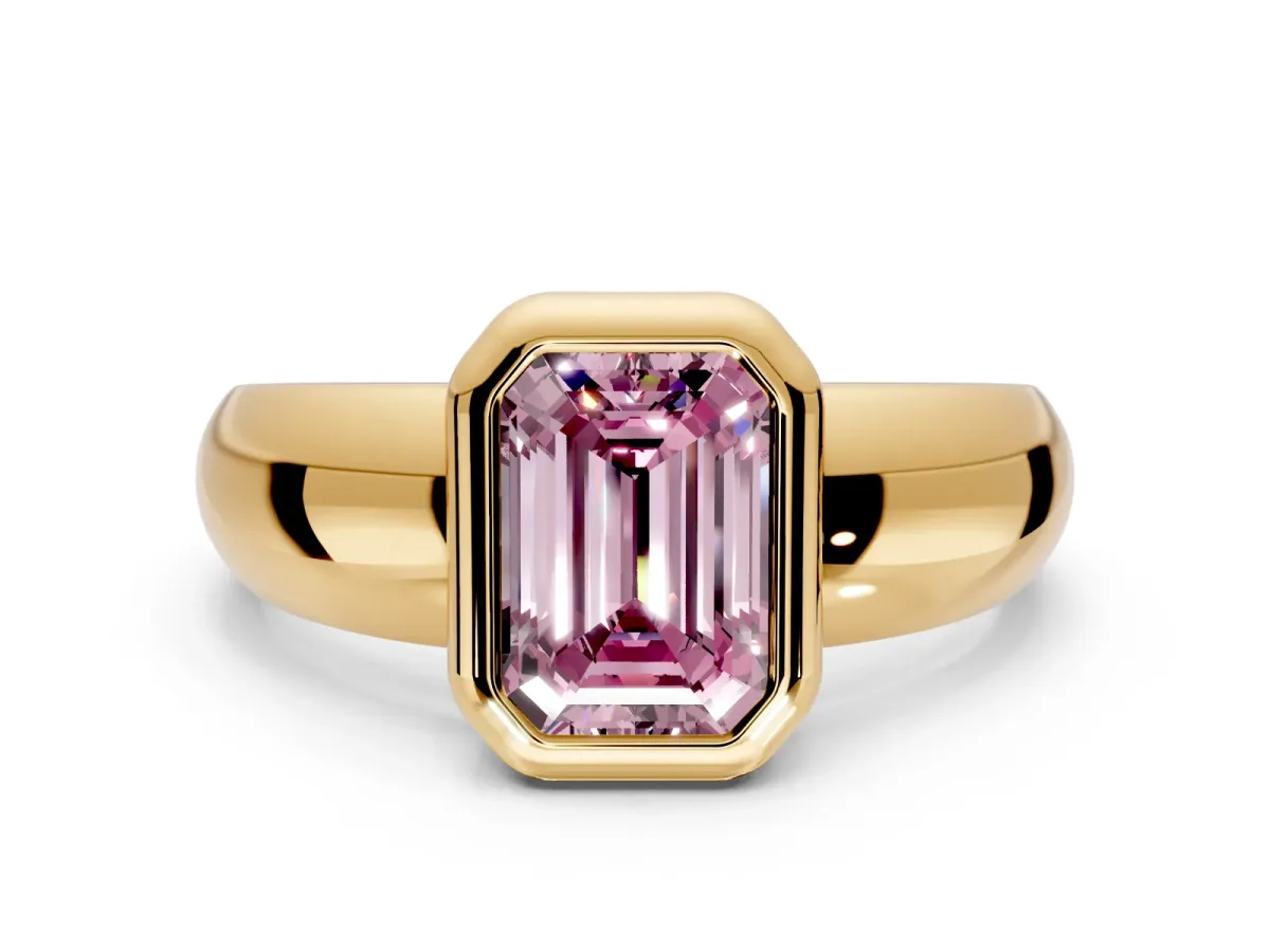 Solitaire Engagement Ring Setting for Fancy Pink Emerald Cut Center with Wide Band and Bezel Head in Yellow Gold