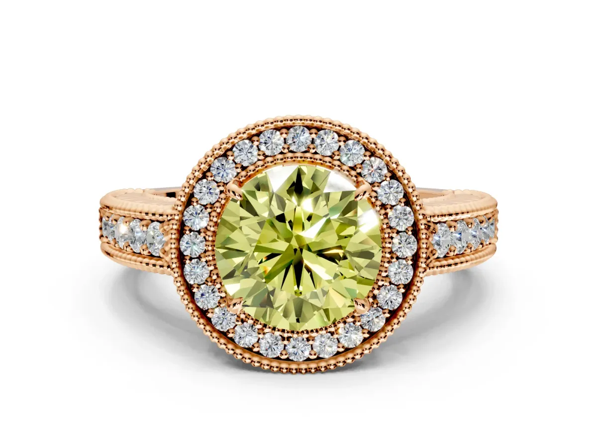 Milgrain Halo Engagement Ring Setting for Fancy Yellow Round Cut Center with Pave Band and Prong Head in Rose Gold