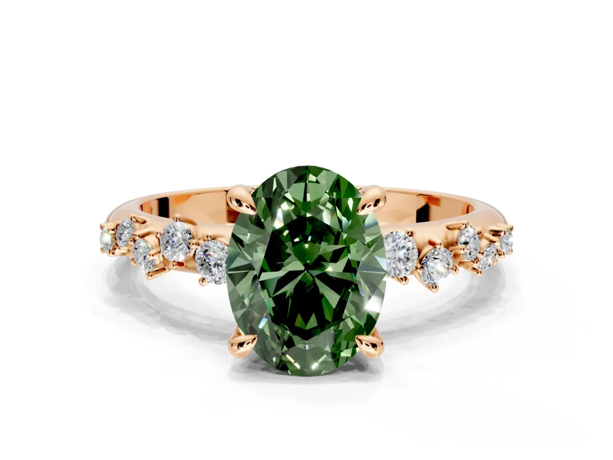 Solitaire Engagement Ring Setting for Fancy Green Oval Center with Trailing Leaf Accent Band and Prong Head in Rose Gold