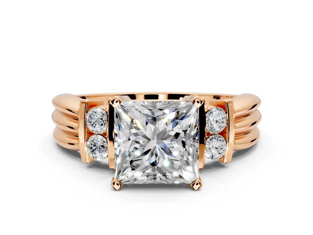 Solitaire Engagement Ring Setting for Princess Cut Center with Grooved Bar Accent Band and Prong Head in Rose Gold
