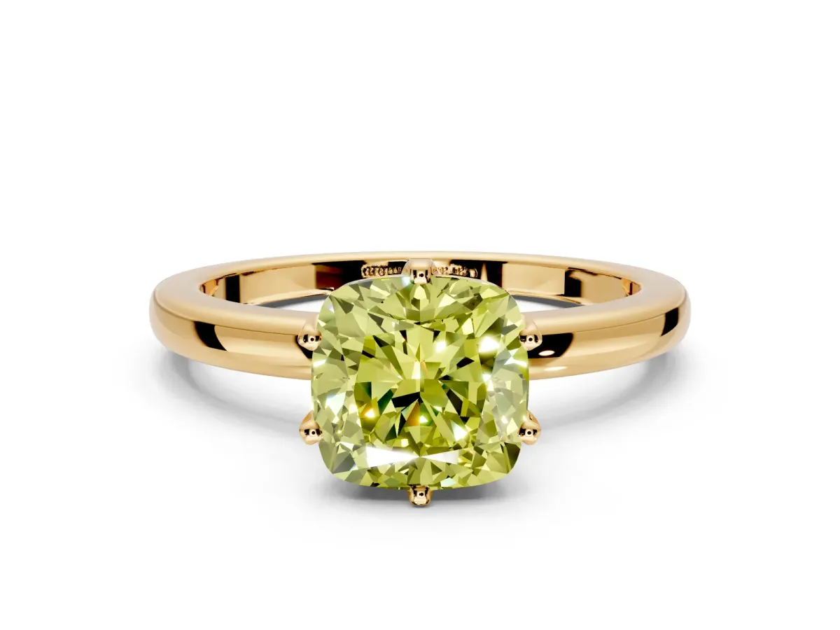 Solitaire Engagement Ring Setting for Fancy Yellow Cushion Cut Center with Plain Band and Tulip Prong Head in Yellow Gold