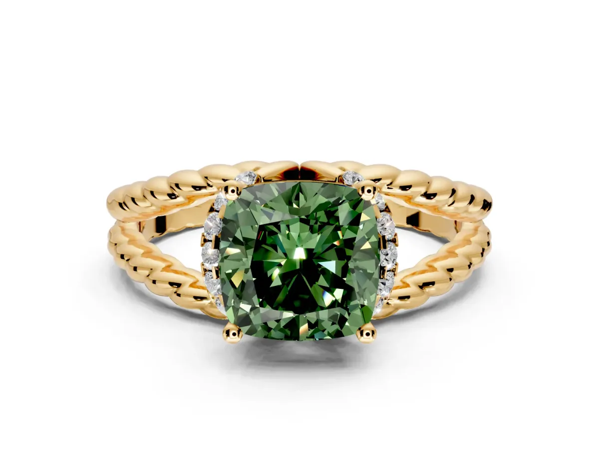 Halo Engagement Ring Setting for Fancy Green Cushion Cut Center with Rope Twist Split Shank and Prong Head in Yellow Gold