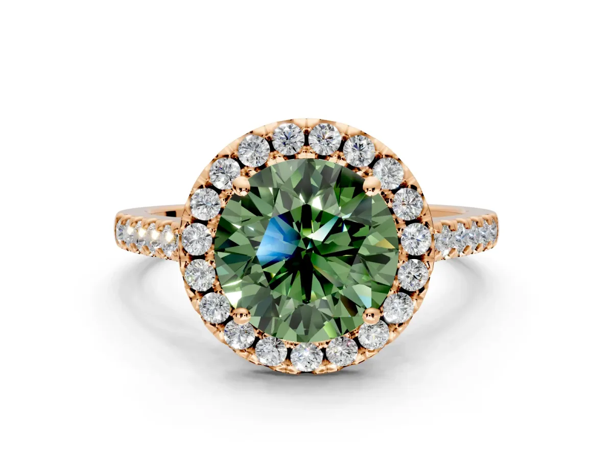 Halo Engagement Ring Setting for Fancy Green Round Cut Center with Raised Halo, Pave Band and Prong Head in Rose Gold