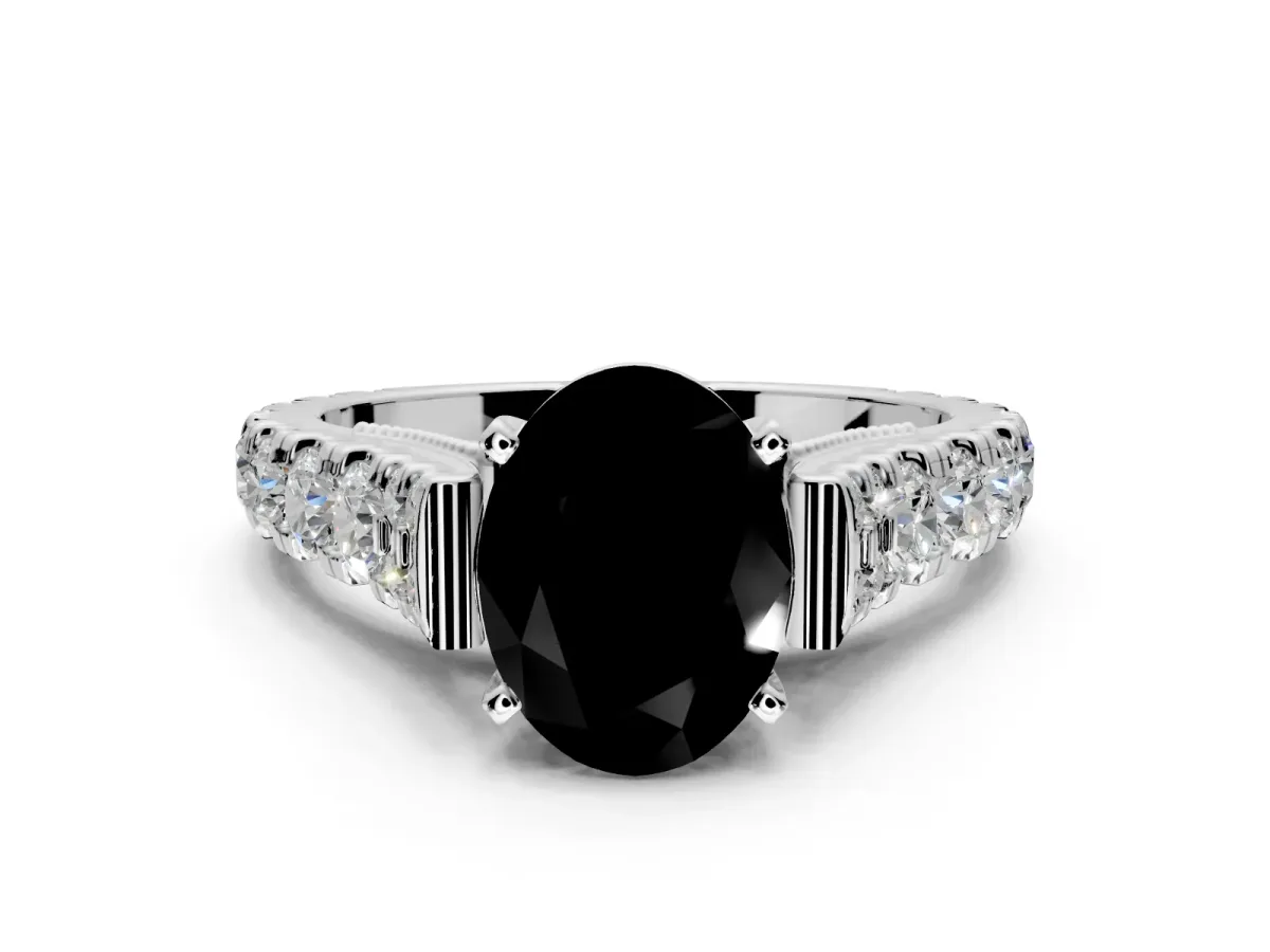 Solitaire Engagement Ring Setting for Fancy Black Oval Center with Pave Cathedral Shoulders and Prong Head in White Gold