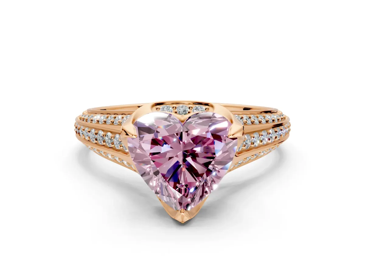 Solitaire Engagement Ring Setting for Fancy Pink Heart-Shaped Center with Accented Split Shank and Prong Head in Rose Gold