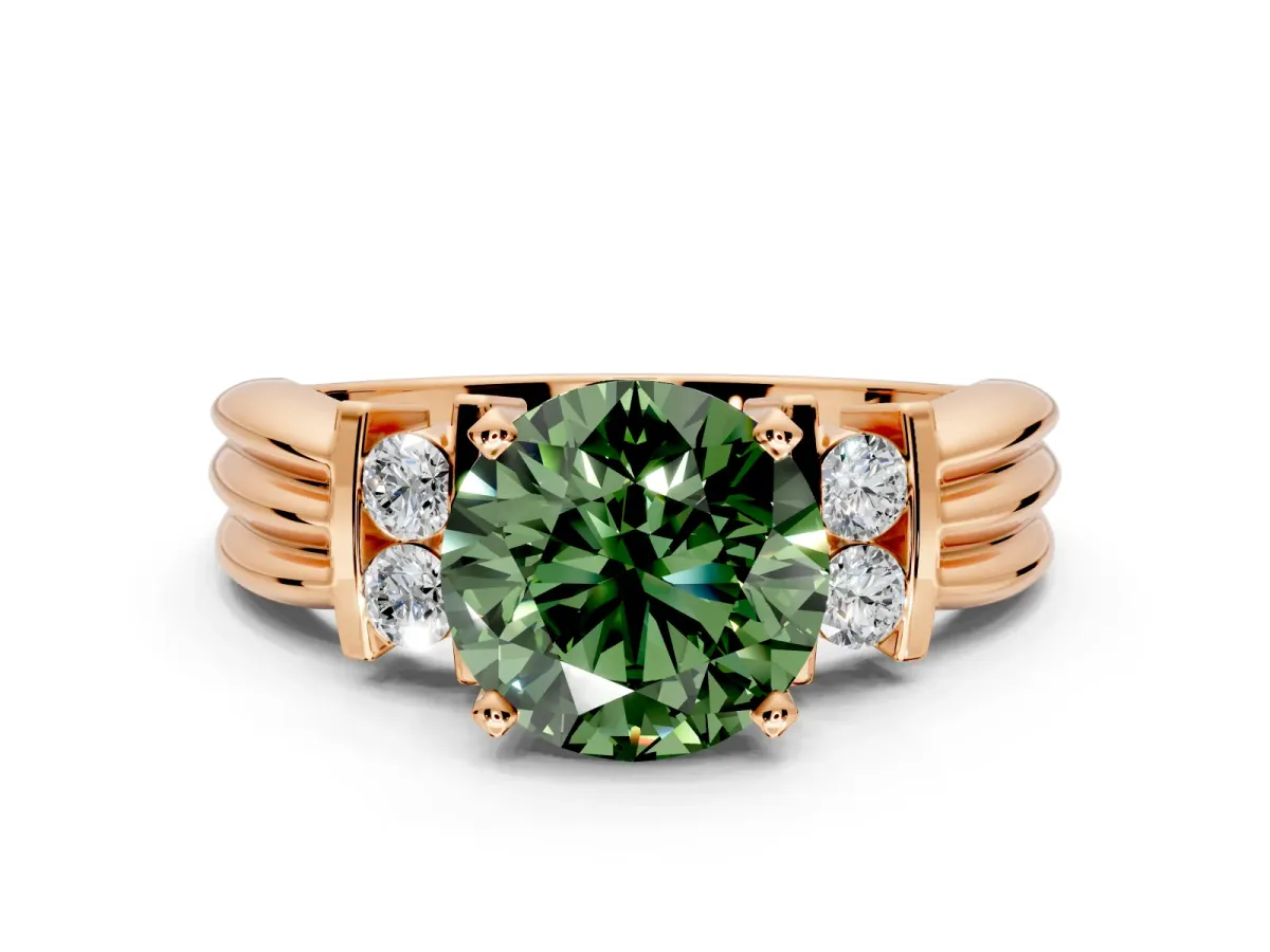 Solitaire Engagement Ring Setting for Fancy Green Round Cut Center with Grooved Bar Accent Band and Prong Head in Rose Gold