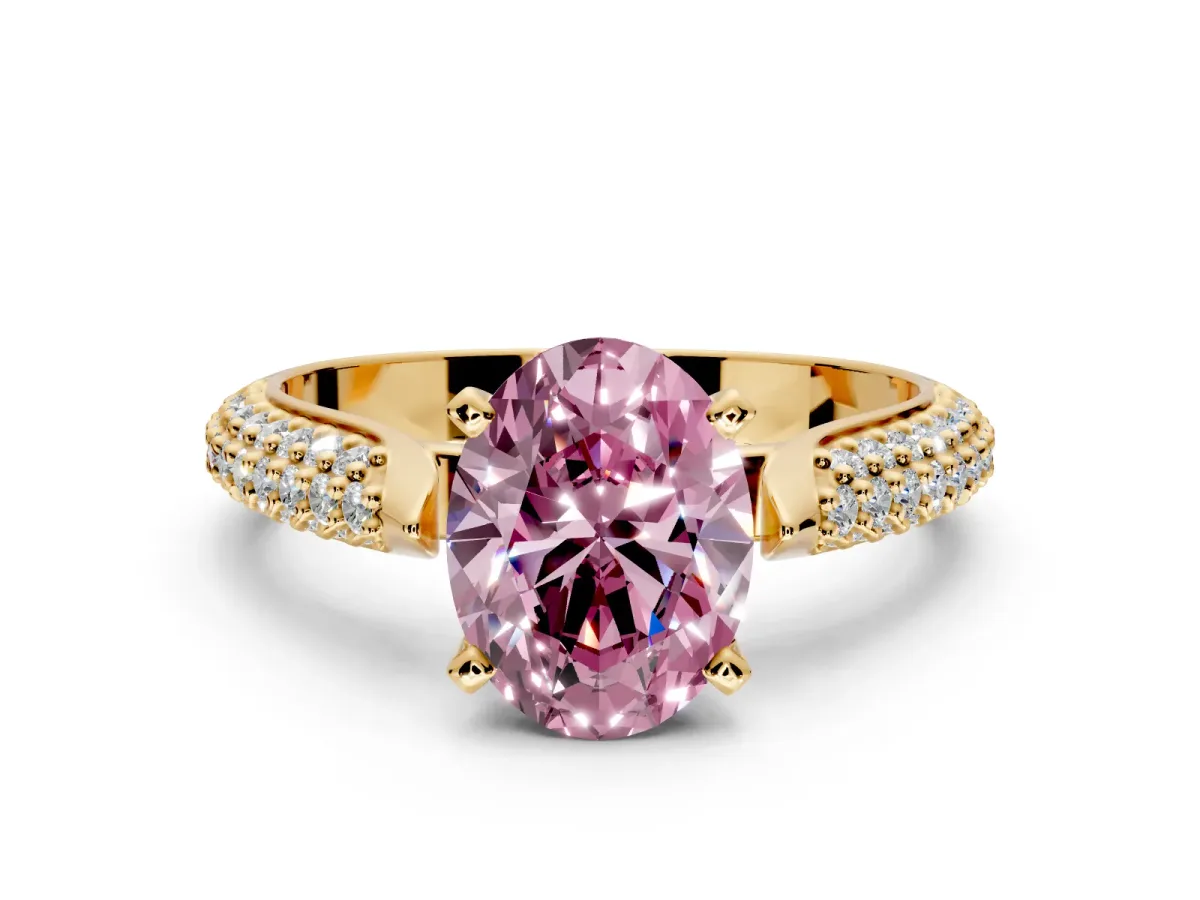 Solitaire Engagement Ring Setting for Fancy Pink Oval Center with Multi-Row Accents and Prong Head in Yellow Gold