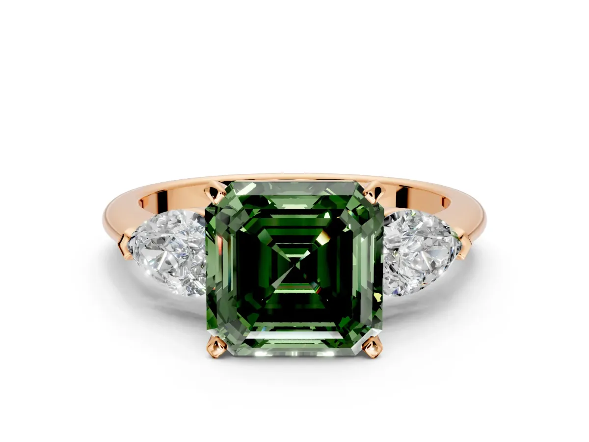 3 Stone Engagement Ring Setting for Fancy Green Asscher Cut Center with Large Pear-Shaped Accents and Prong Head in Rose Gold