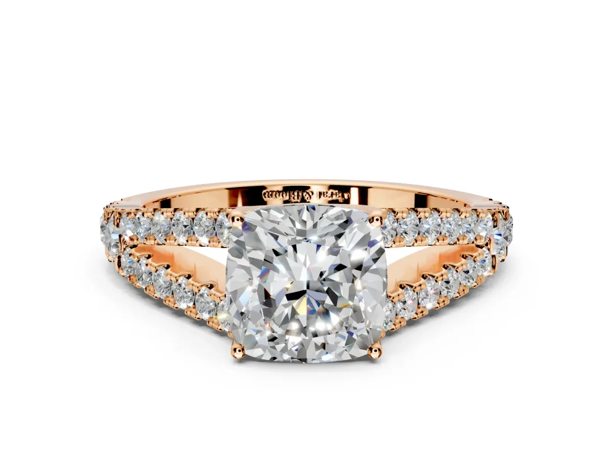 Solitaire Engagement Ring Setting for Cushion Cut Center with Pave Split Shank and Prong Head in Rose Gold