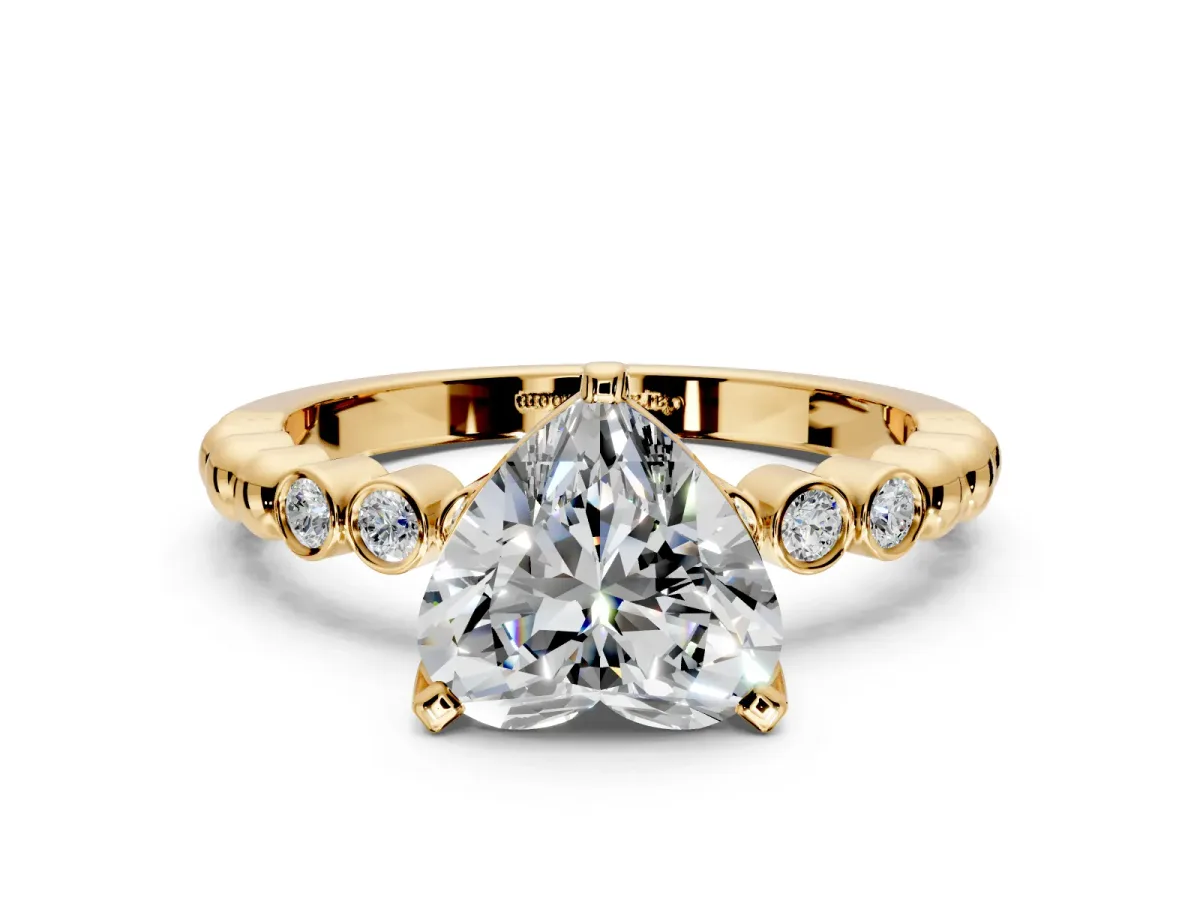 Solitaire Engagement Ring Setting for Heart-Shaped Center with Bezel-Dot Beaded Band and Prong Head in Yellow Gold