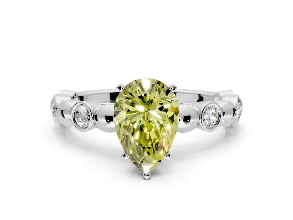 Solitaire Engagement Ring Setting for Fancy Yellow Pear-Shaped Center with Beaded Bezel Station Band and Prong Head in White Gold