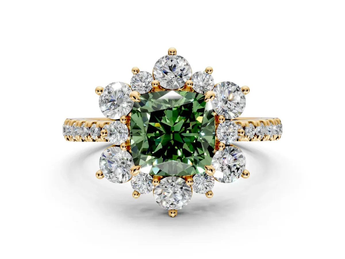 Floral Halo Engagement Ring Setting for Fancy Green Cushion Cut Center with Pave Accents and Prong Head in Yellow Gold