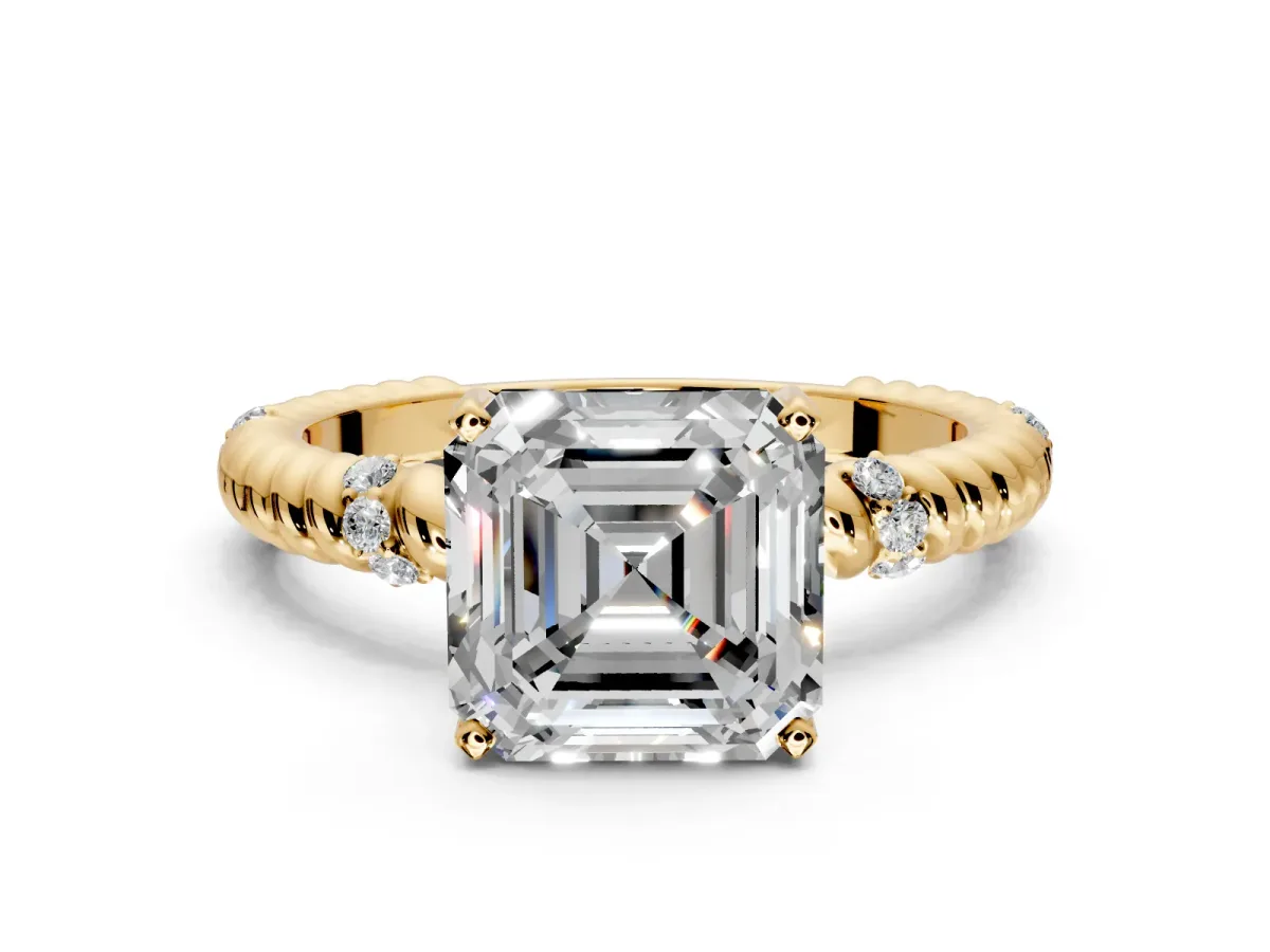 Rope Engagement Ring Setting for Asscher Cut Center with Accent Shoulders and Prong Head in Yellow Gold