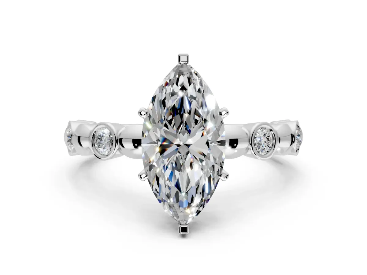 Solitaire Engagement Ring Setting for Marquise Center with Beaded Bezel Station Band and Prong Head in Sterling Silver