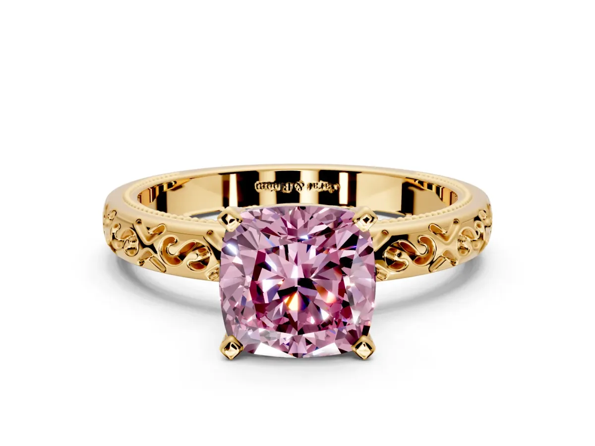 Solitaire Engagement Ring Setting for Fancy Pink Cushion Cut Center with Scrollwork Band and Prong Head in Yellow Gold